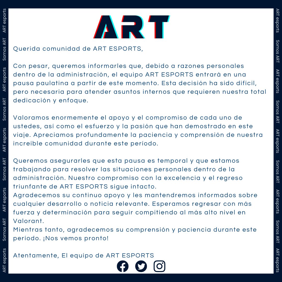 ART_Esportss's tweet photo. #ARTESPORTS #Valorant #PausaTemporal #Comunicado #Esports https://t.co/7o25YKP9cq