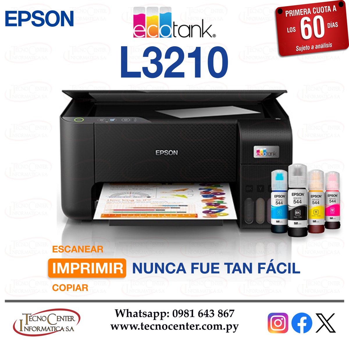 TecnoCenter_Py's tweet photo. Imprimir, escanear y copiar nunca fue tan fácil. Impresora Multifuncional Epson EcoTank L3210. Adquirila en cuotas a de Gs. 147.000. Whatsapp Directo 📲 0981643867.

#Impresora #Multifuncional #Epson #EcoTankL3210 #TecnocenterPy https://t.co/w65diKRIkg