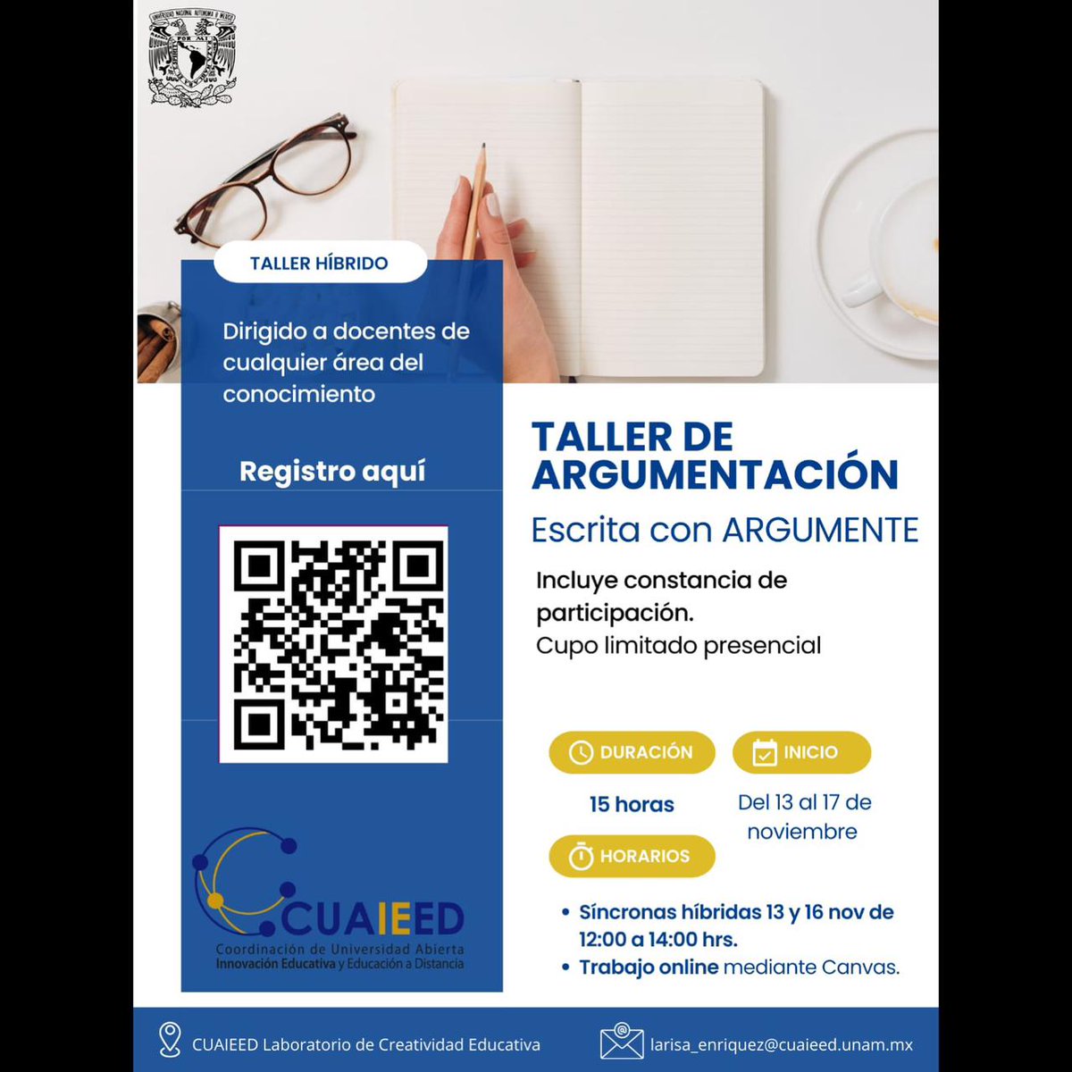 Labc_CUAIEED's tweet photo. ¡Prepárate para la revolución híbrida! Participa en nuestro taller de argumentación escrita con ARGUMENTE. ¡La experiencia definitiva te espera! 🚀🤖"
¡Nos vemos pronto! 👏"
#Innovación #Talleres   #cuaieed #unam #taller #argumentación #LabCe #aprenderjuntos https://t.co/6PFXGMgrAr