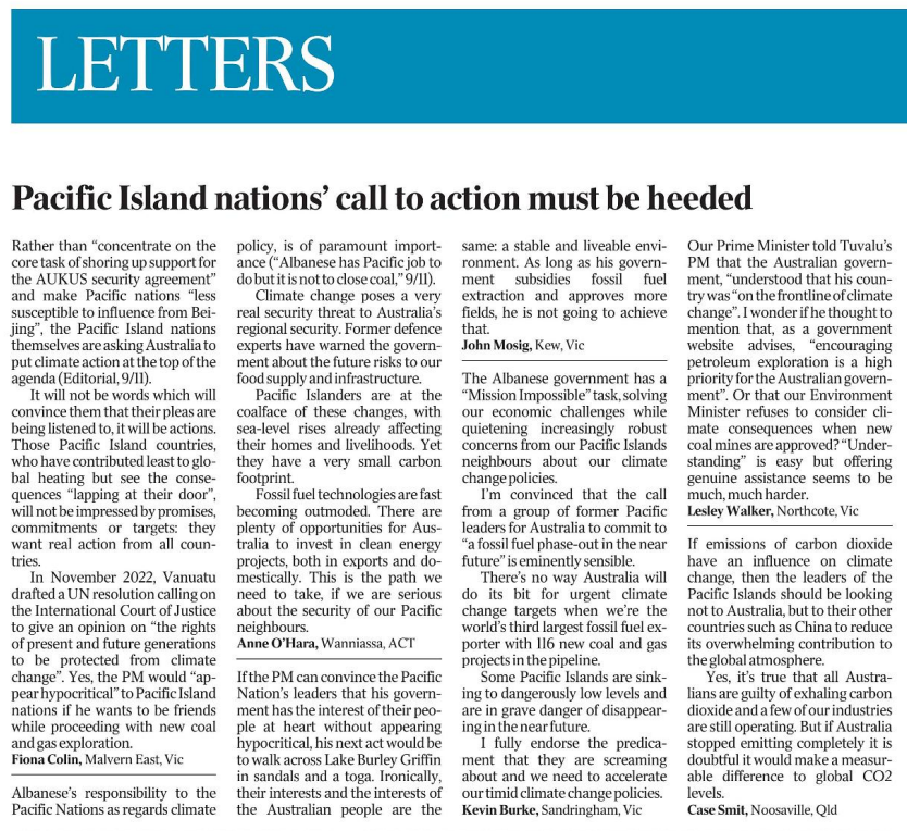 erinryanau's tweet photo. As #PIFLM52 comes to a close today, eyes from Aitutaki to Australia are on @AlboMP's position on fossil fuels. Today's letters published in The Australian newspaper are dominated by community members backing the #PortVilaCall and demanding climate justice for the Pacific region. https://t.co/mo7TRmnyfF