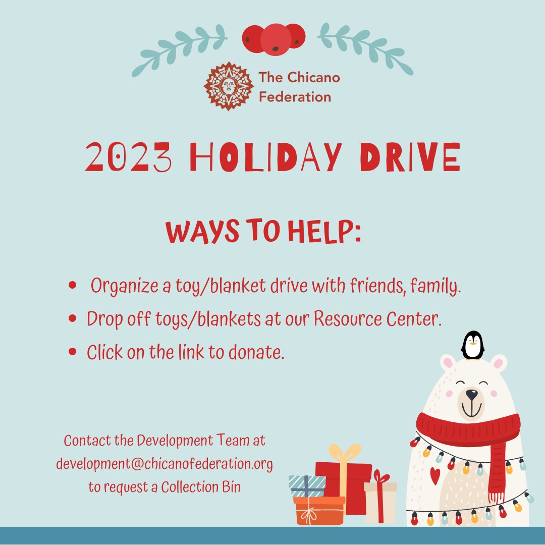 The holidays can be extremely hard for the families we serve. Spread a little magic this season, and help us by hosting a toy/blanket drive with your family, friends, and network or donate here: chicanofederation.salsalabs.org/2023HolidayDis…