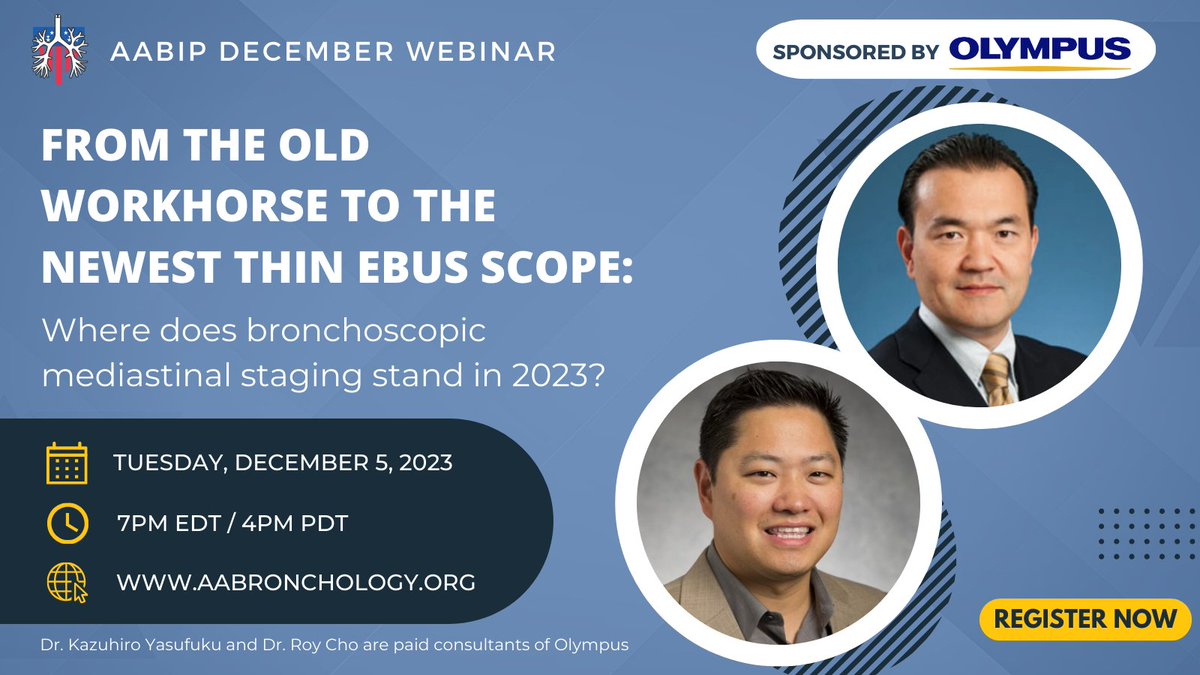 Join us! From the old workhorse to the newest thin EBUS scope: Where does bronchoscopic mediastinal staging stand in 2023?

More information 👉 aabip.memberclicks.net/upcoming-webin…
Register here 👉 bit.ly/3QTPzi0

#AABIP