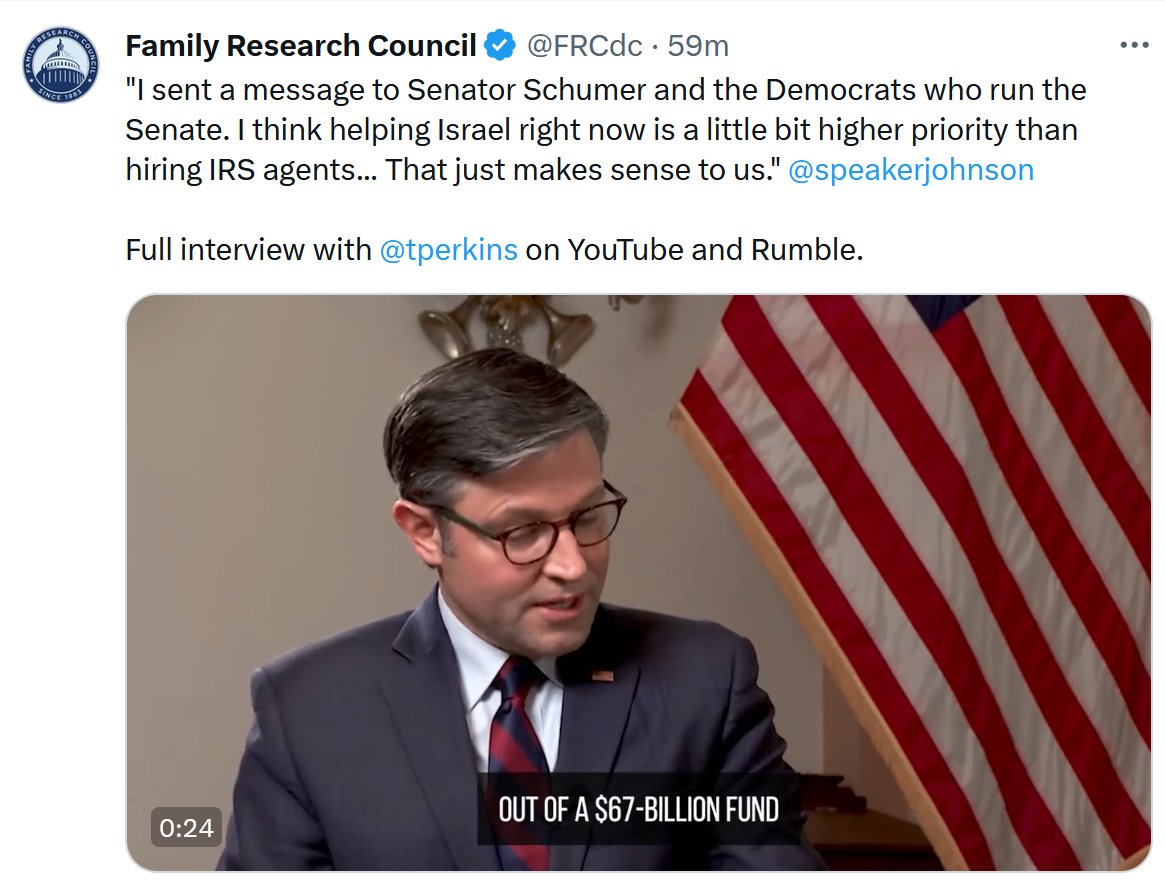 Meanwhile, back in the real world . . . It is *Mike Johnson* who is prioritizing trolling the IRS over helping Israel. It is *he* who is jeopardizing aid to Israel.