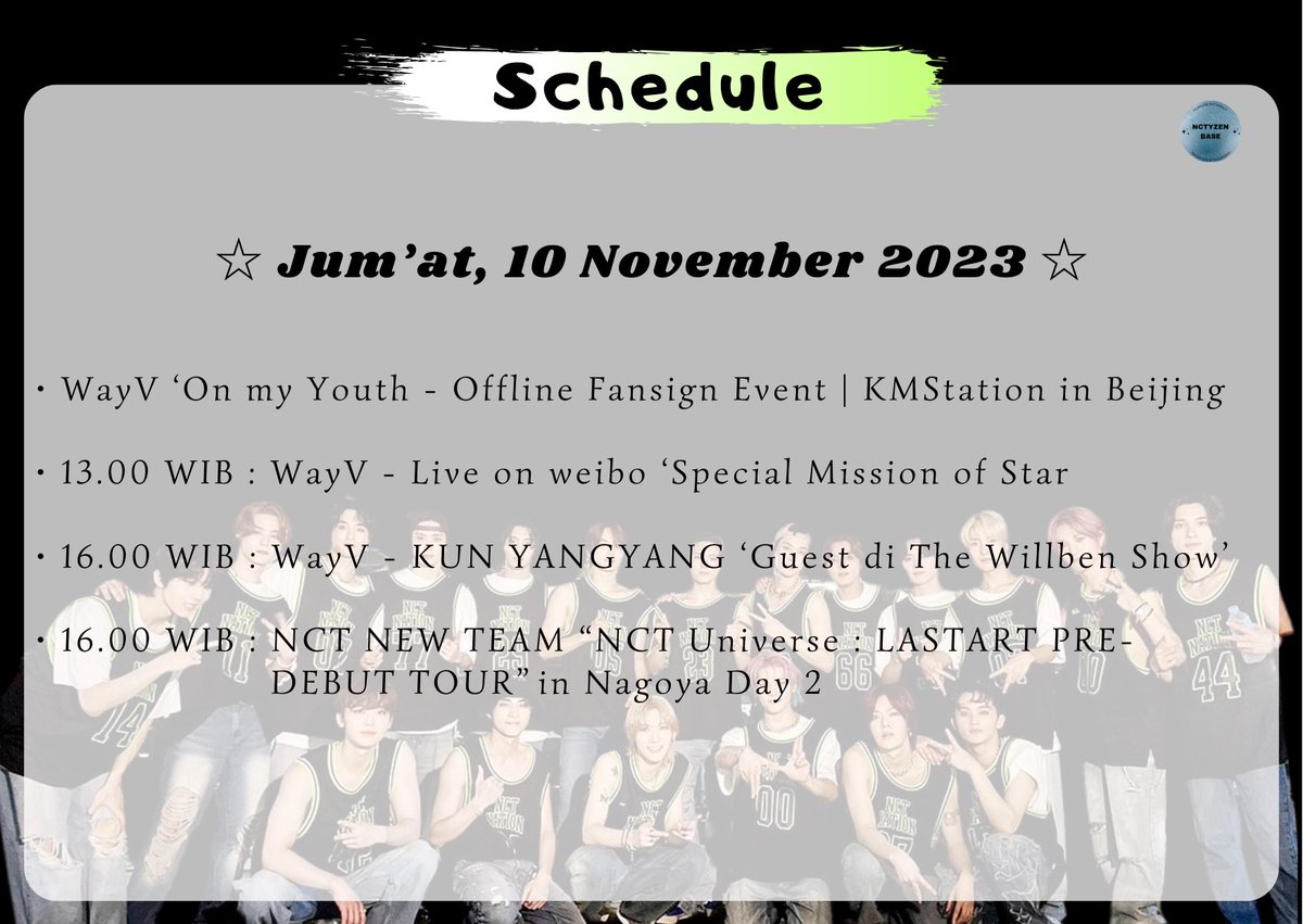 📆 Jumat | 2023.11.10 | Schedule 📆

❤️ Indonesia National Heroes Day | Selamat Hari Pahlawan Nasional 🤍

#NCT127 #NCTDREAM #WayV #NCT_DOJAEJUNG #NCTNEWTEAM 
<a href="/nctyzenbase/">nctyzenbase²⁵ | REST</a> <a href="/nctyzenbase_/">nctybase (back-up)</a> 🐹