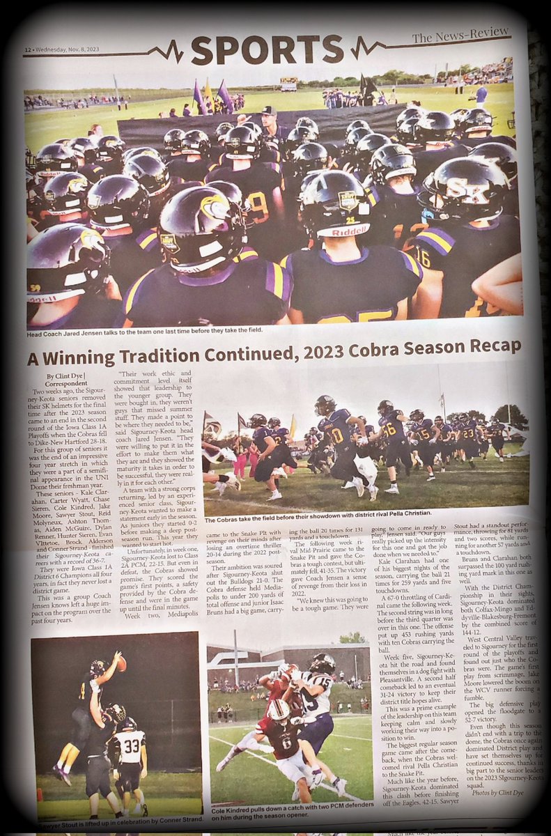 Clint Dye - @TagTeamPhotographyDYE on Facebook (@cdye56) on Twitter photo Season recap of <a href="/cobra_fb/">SKCobraFB</a> in this week's <a href="/SigourneyNews/">The News-Review</a>
<a href="/SigourneyAD/">SigourneyAD</a> <a href="/SigourneyCSD/">Sigourney CSD</a> <a href="/KeotaEagles/">Keota Eagles</a> Season recap of <a href="/cobra_fb/">SKCobraFB</a> in this week's <a href="/SigourneyNews/">The News-Review</a>
<a href="/SigourneyAD/">SigourneyAD</a> <a href="/SigourneyCSD/">Sigourney CSD</a> <a href="/KeotaEagles/">Keota Eagles</a>