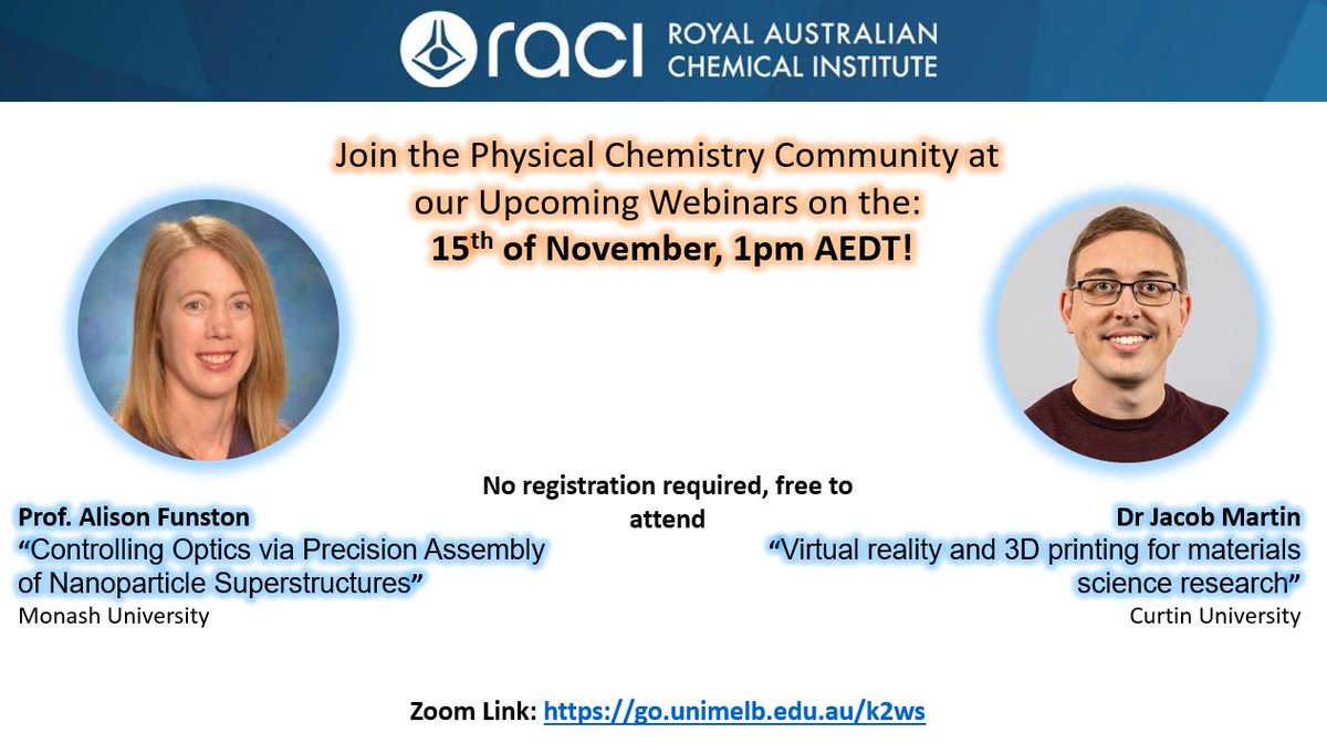 W're excited to host Prof. Alison Funston (@ChemistryMonash, @excitonscience) and @nzjakemartin (@CurtinChem) in our Webinar Series. 📅 Wednesday, 15th November 🕐 1pm Australian Eastern Daylight Savings Time 🔗 go.unimelb.edu.au/k2ws Come along for some amazing #ozchem!