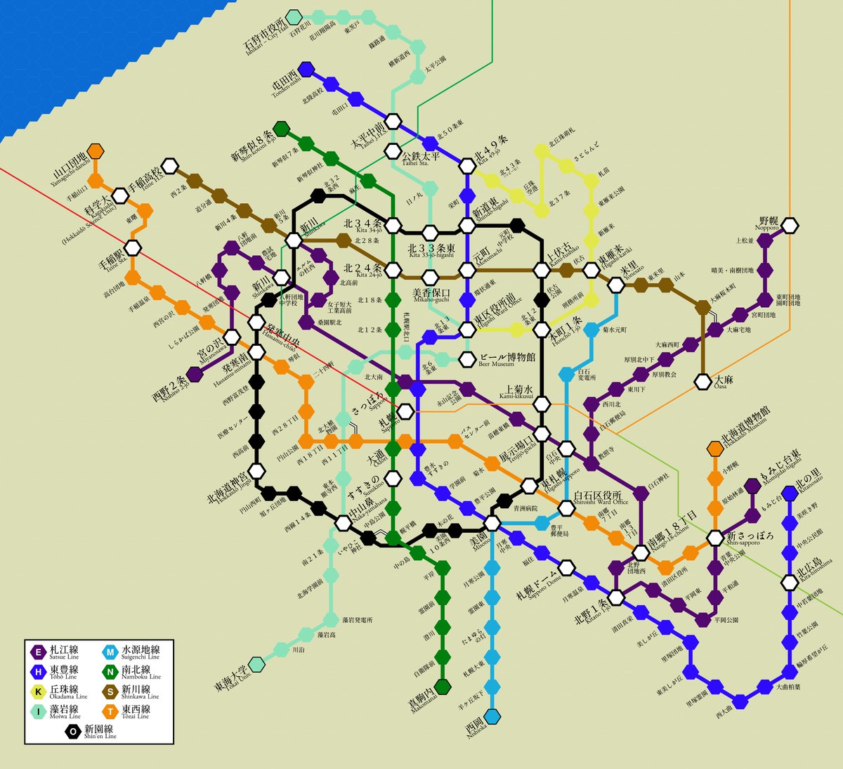 北の大地の鉄道・路線】 #30DayMapChallenge 9 - Hexagons 札幌市営