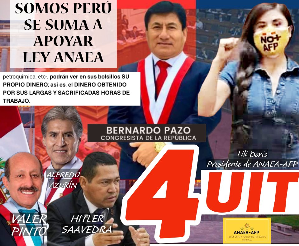 AnaeaEx's tweet photo. Felicitamos a la bancada de @BancadaPeru por unirse a apoyar iniciativa ciudadana de RETIRO 4 UIT PARA TODOS.
Más y más apoyo, que sufran la @AAFPOficial que no podrá detener nuestra ley y luego así también la #Derogatoria de absurda y abusiva ley AFP.
Gracias @BernardoPazo https://t.co/vvIMDZpRQ9