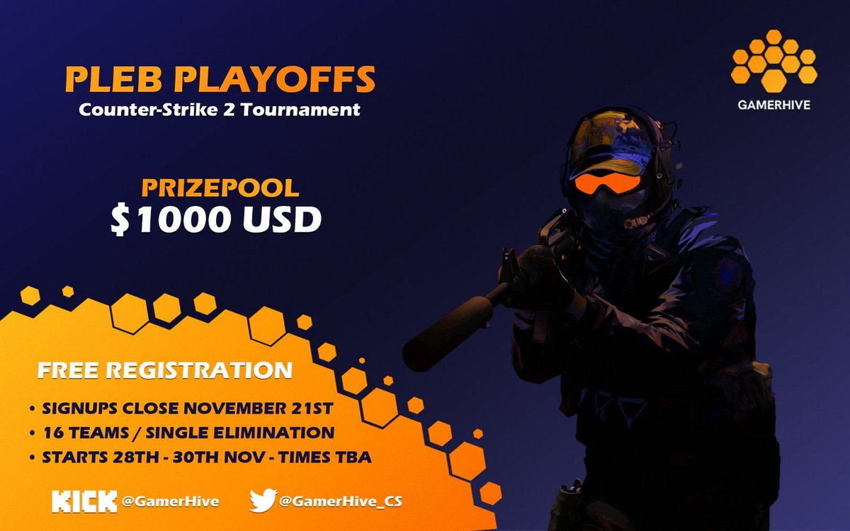 kickcommunity's tweet photo. Kick Community Event Coming Soon 👀

@GamerHive_CS is bringing the first Pleb Playoffs #CS2 Tournament to Kick 💪

Get 4 friends and team up for a chance at the $1000 prize pool 💵

Sign up before the November 21st! 👇