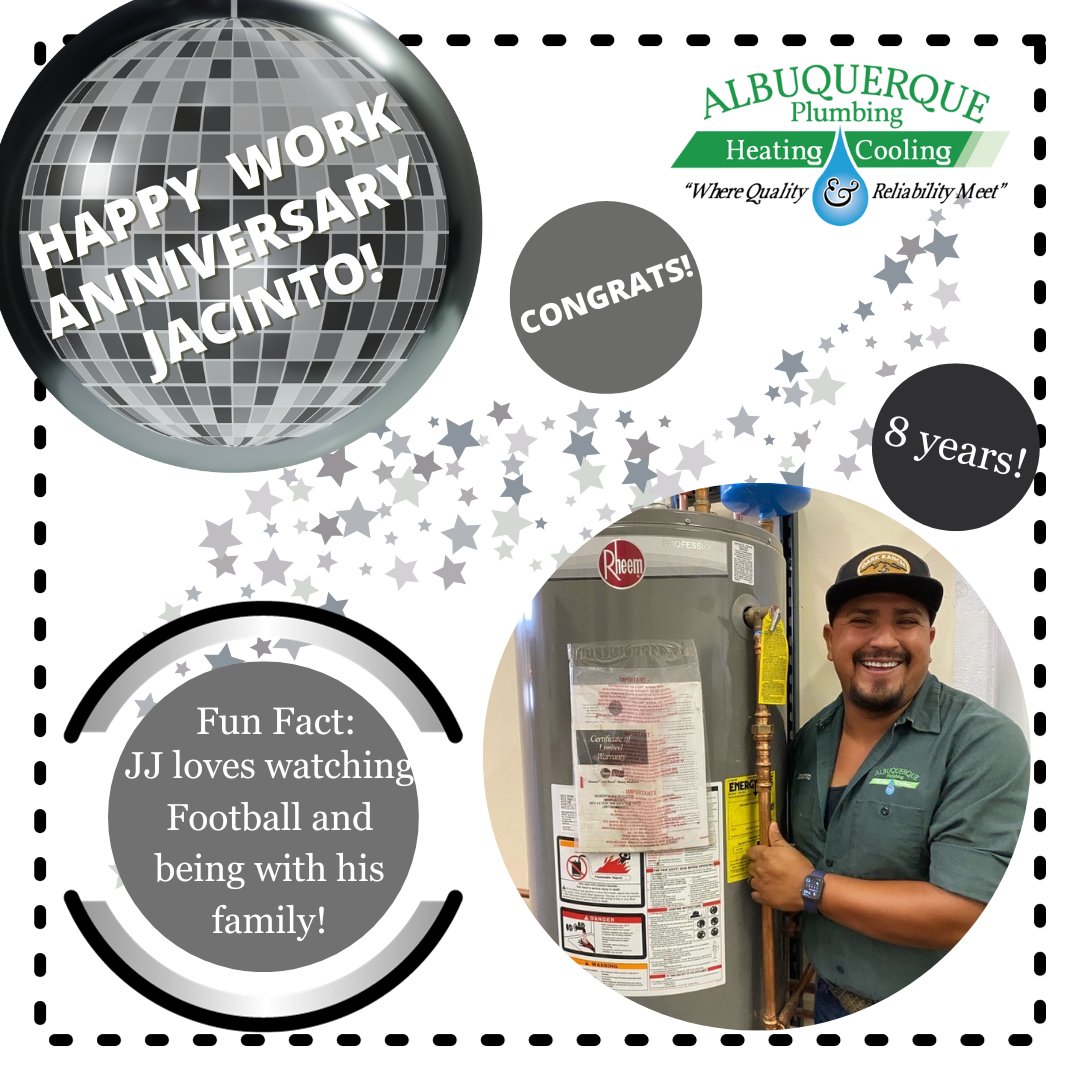 Happy Anniversary to JJ!! 8 years of dedication and service to our Team, our Community & our Customers. 🤩🖤🤩#abqplumbing #RheemProPlumber #workanniversary