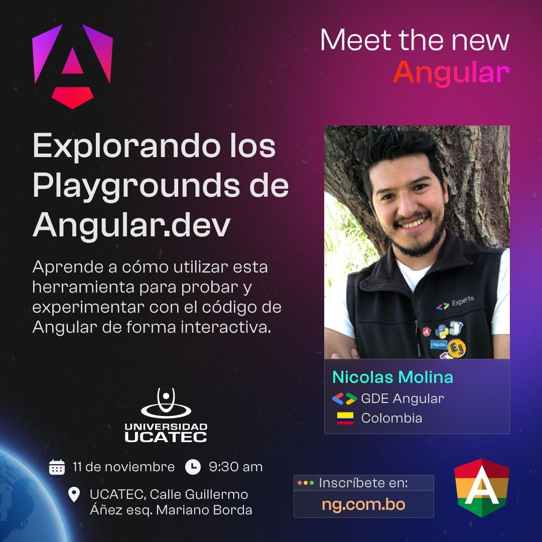 angularBolivia's tweet image. 🎤 Conoce a nuestro próximo speaker: Nicolas Molina 🚀

📣 Título de la Charla: Explorando los Playgrounds de buff.ly/47j6WhM

📎 Link de registro: ng.com.bo
📅 Sábado 11 de noviembre
🕞 9:30 AM
📌 UCATEC

#Angular #StandaloneComponents #TechTalks