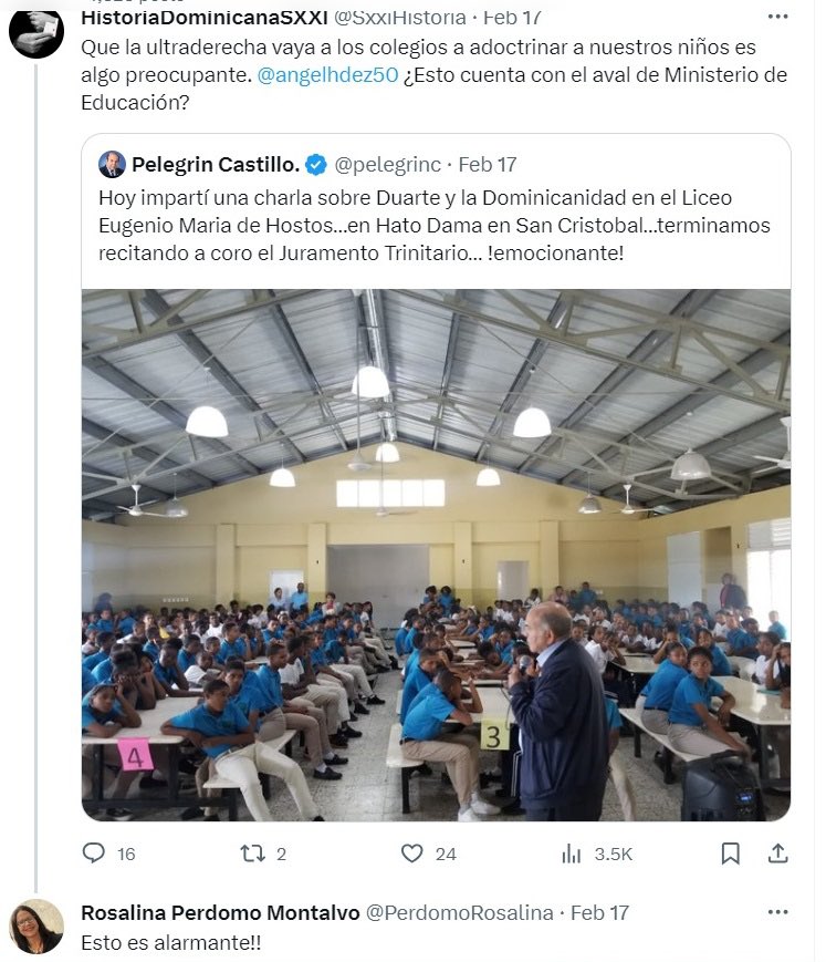 JaimeRinconRD's tweet photo. Foto 1: La DIRECTORA del BABEQUE y un pelafustán de esta red se alarman porque Pelegrín Castillo fue a un centro educativo para dar una charla sobre Duarte y la Dominicanidad. 

Foto 2: José Horacio en el Babeque haciendo política con menores de edad. No se alarman ahí. Tampoco se alarman con los profesores que viven adoctrinando, ni con Ana Belique.