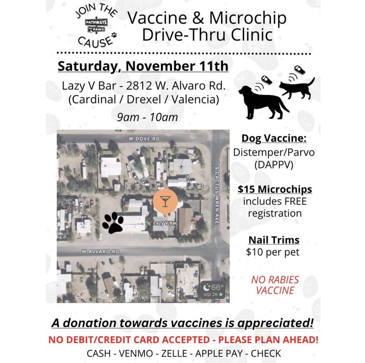 Please 'Join the Cause' this Saturday, November 11th, at our new Drive-Thru Vaccine & Microchip Clinic location from 9am-10am! We will be on the West Side of town (Cardinal / Drexel / Valencia)! All services done from the convenience of your vehicle 🐾 @whatsuptucson