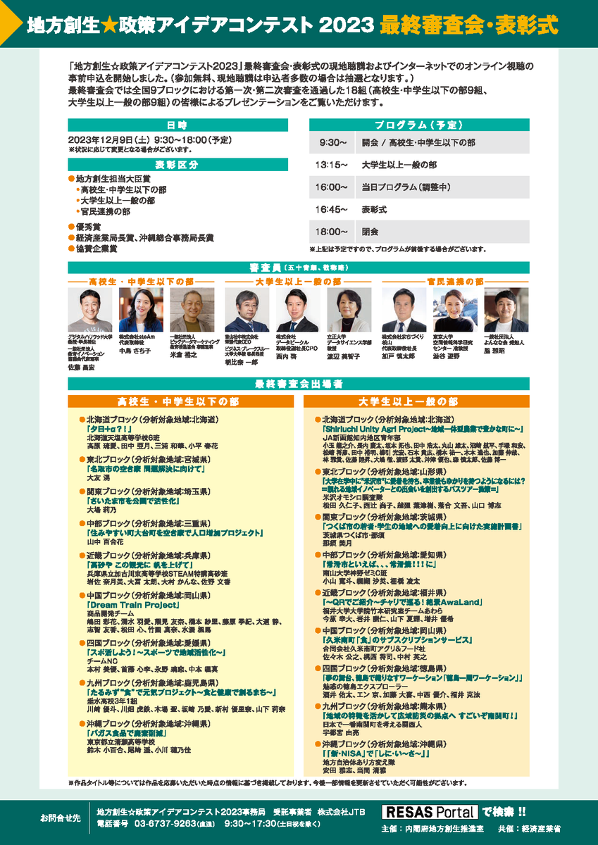 kouhou_sousei's tweet photo. 「地方創生☆政策アイデアコンテスト2023」
最終審査会出場者18組が決定！
12/9の最終審査会でのプレゼンテーションを経て、地方創生担当大臣賞等を決定、表彰します。
また、最終審査会の現地聴講・オンライン視聴募集も受付開始！
詳細はこちら⇒https://t.co/ejczMXgtX8

#地方創生 ＃RESAS #VRESAS https://t.co/RMApGf3Qto
