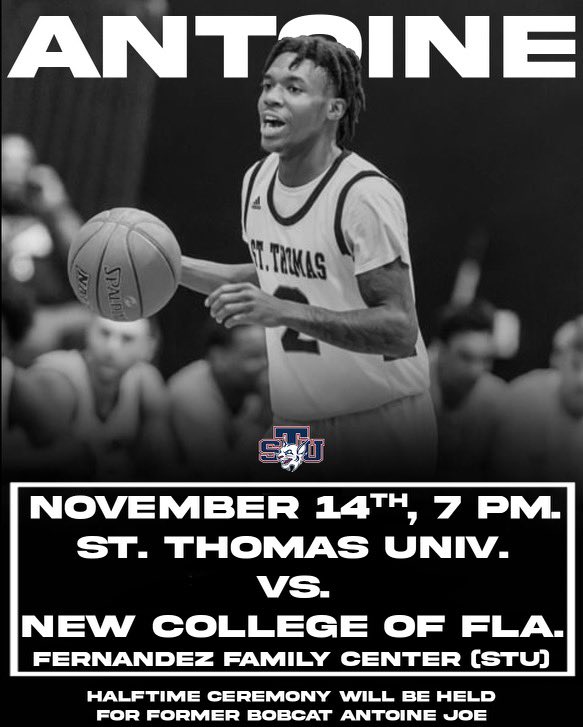 A halftime ceremony will be held for our former bobcat Antoine Joe,at our game against New College of Florida🙏

#HOOPANDLIVE // #STUHOOPS