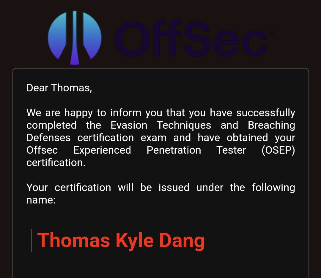 Super pleased to have passed my @offsectraining OSEP! The 48hr exam is intimidating but going in prepared meant I had enough sleep, food, and most importantly flags to get certified! #offsec #CyberSecurity #infosec