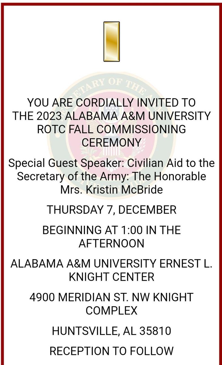 AamuRotc's tweet image. Alumni, Family, and Friends of the Bulldog Battalion,
We're conducting our Fall 2023 Commissioning Ceremony at 1300 Thursday, 7 December 2023 at the Earnest Knight Center.
einvitations.afit.edu/inv/index.cfm?…
Please RSVP NLT 5 DEC 23, to ensure we have enough seating and food.
#aamurotc