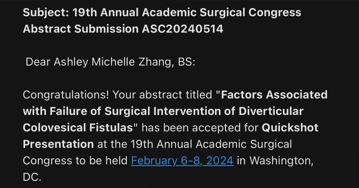 Joy Zhang (@joyczhang) on Twitter photo Grateful for <a href="/ZhangerzbyAsh/">Ashley Zhang</a> taking on this <a href="/UVASurgery/">UVA Surgery</a> project examining factors associated with colovesical fistula surgical intervention failure. Catch her presentation <a href="/AcademicSurgery/">Assoc4AcademicSurgery</a> 2024! Grateful for <a href="/ZhangerzbyAsh/">Ashley Zhang</a> taking on this <a href="/UVASurgery/">UVA Surgery</a> project examining factors associated with colovesical fistula surgical intervention failure. Catch her presentation <a href="/AcademicSurgery/">Assoc4AcademicSurgery</a> 2024!
