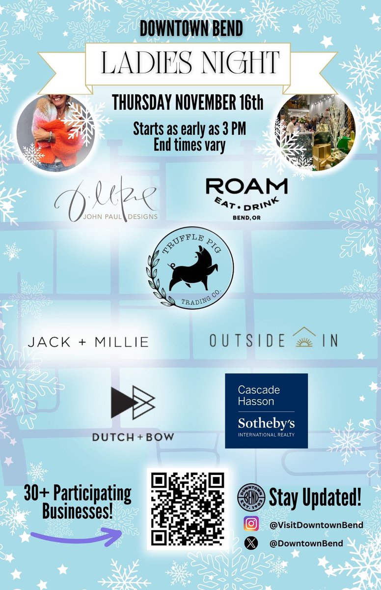 DowntownBend's tweet image. When the workin day is done, join the ladies night fun! Come Downtown for holiday shopping, deals, dining &amp;amp; quality time with friends. ✨🩵

#inbend #holidayshoppingbend #girlsnightout