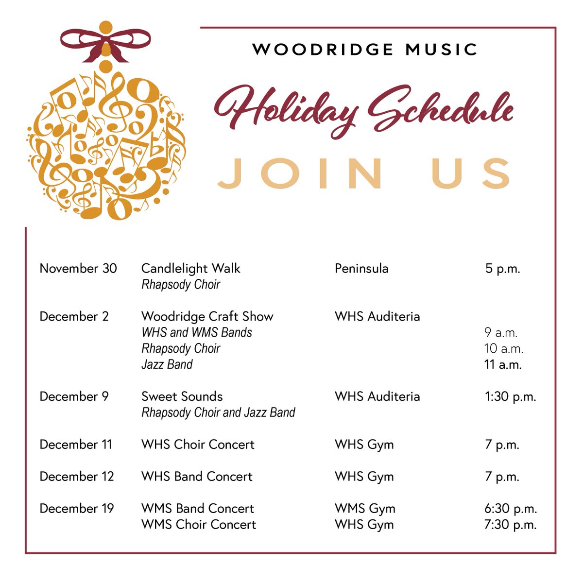 Woodridge_Music's tweet image. The holidays are right around the corner. Be sure to join our choirs and bands for some holiday cheer! @WoodridgeBand @LabbeLaurel