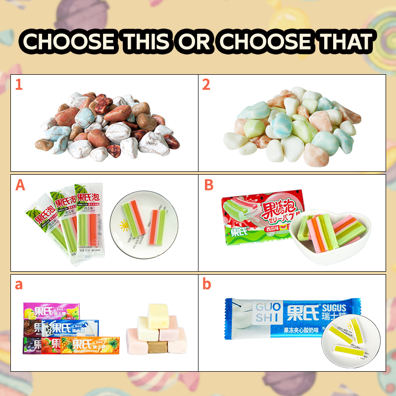 Choose one candy from each row.

#candy #assorted #bubblegum #chewingcandy #jellycandy #choose #novelty #foreigntrade