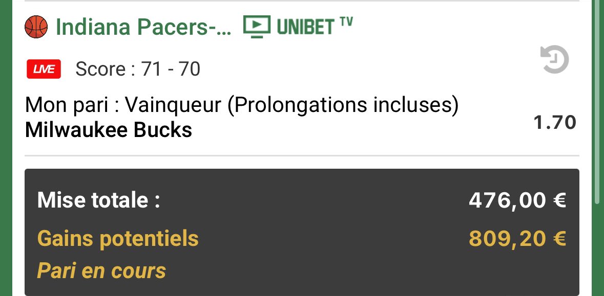 Prono NBA🏀

En live : 

👉Bucks OT 1,70🇺🇸 

Mise perso 470€💪

Ton premier dépôt doublé chez Rabona avec mon code : kingpronos🎁

Mon TikTok/insta : KingPronos17 🚀

 #TeamParieur

RT et❤️si suivi