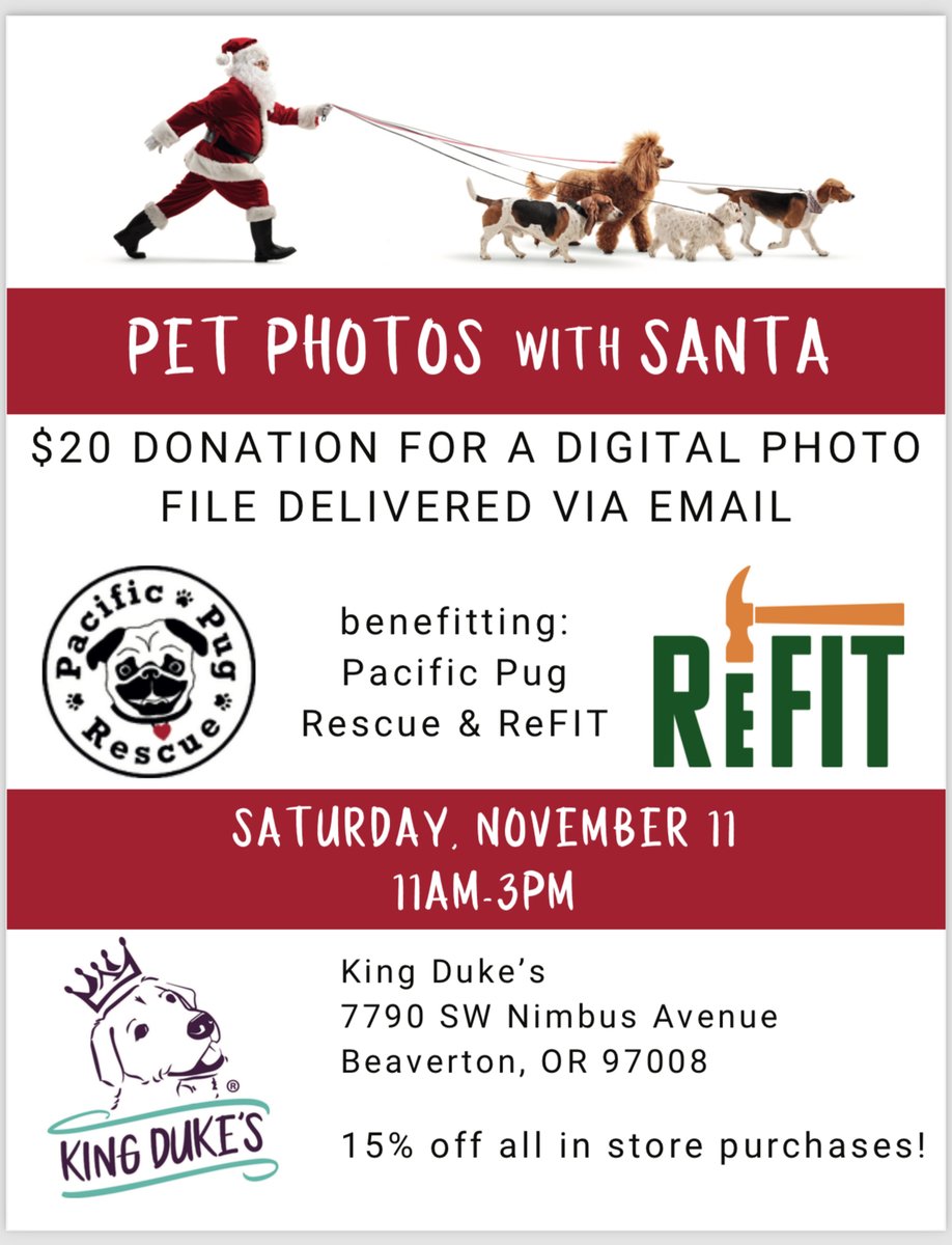ReFITPortland's tweet photo. SANTA PAWS FOR A CAUSE 🎅🐶🐱🐰 Bring your pets to the King Duke’s store for a professional photo with Santa @ShopKingDukes Saturday, November 11th @ 11AM-3PM PST https://t.co/nfnGofyHQn
