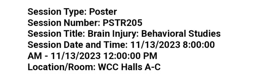 Cydney R. Martin (@cyd_martin) on Twitter photo Heading to my first ever SfN this week! Come check out the work I've been doing on TBI, behavior and neuropeptides:
Sex differences in depression-like behavior and limbic PACAP expression following repetitive mild TBI in adolescent rats
<a href="/SfNtweets/">Society for Neuroscience (SfN)</a> #SfN23 <a href="/DrexelNeurobio/">Drexel Neurobiology & Anatomy</a> Heading to my first ever SfN this week! Come check out the work I've been doing on TBI, behavior and neuropeptides:
Sex differences in depression-like behavior and limbic PACAP expression following repetitive mild TBI in adolescent rats
<a href="/SfNtweets/">Society for Neuroscience (SfN)</a> #SfN23 <a href="/DrexelNeurobio/">Drexel Neurobiology & Anatomy</a>
