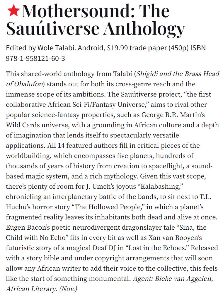 Wole Talabi (CONVERGENCE PROBLEMS out now) (@wtalabi) on Twitter photo Well damn!
MOTHERSOUND: The Sauútiverse Anthology just got a ⭐️STARRED REVIEW ⭐️from <a href="/PublishersWkly/">Publishers Weekly</a>!
"...feels like the start of something monumental"
Thank you, all our supporters & backers 🙏
Buy it now! android-press.com/bookstore
Read full review - shorturl.at/bfwNT Well damn!
MOTHERSOUND: The Sauútiverse Anthology just got a ⭐️STARRED REVIEW ⭐️from <a href="/PublishersWkly/">Publishers Weekly</a>!
"...feels like the start of something monumental"
Thank you, all our supporters & backers 🙏
Buy it now! android-press.com/bookstore
Read full review - shorturl.at/bfwNT