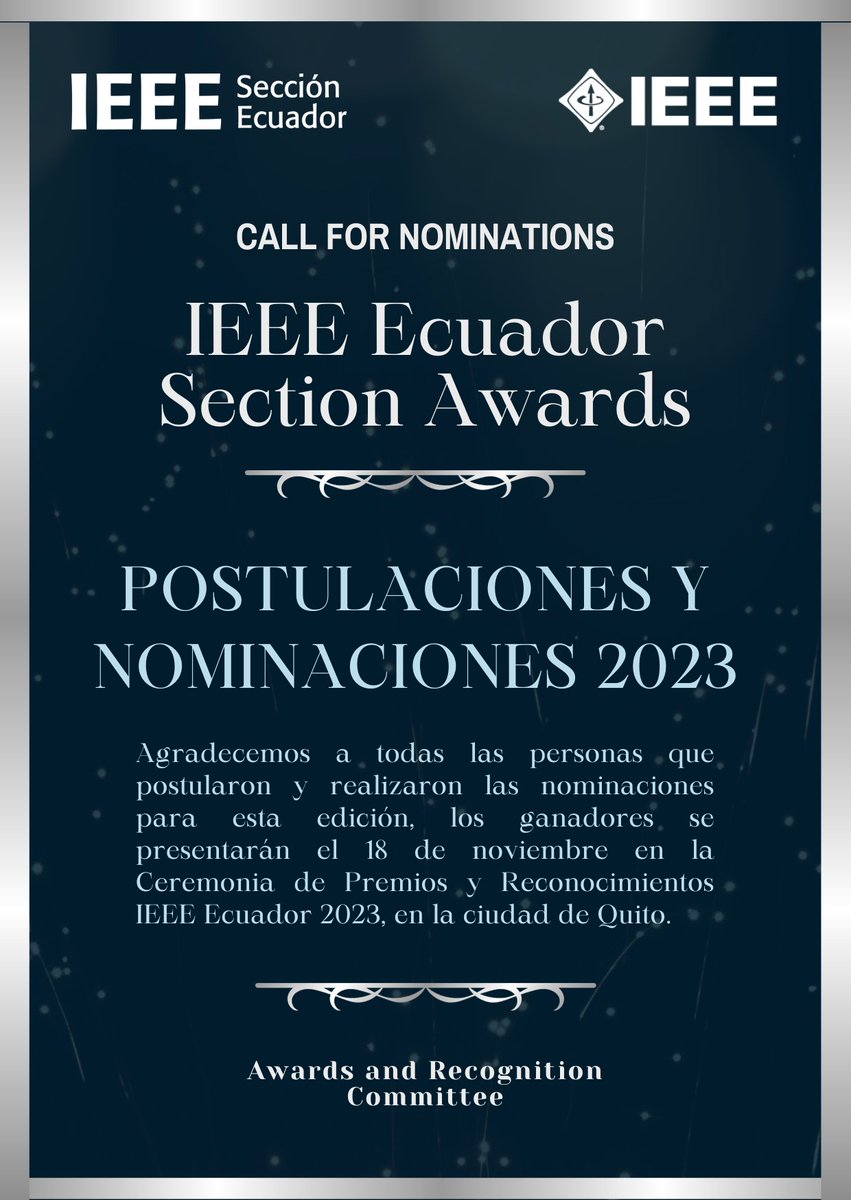 ieee_sec_ecu's tweet photo. ¡Nombramientos destacados en #IEEE Ecuador! 🏆 Gracias a todos por sus postulaciones. Descubran a los ganadores el 18 de noviembre en la gran ceremonia en Quito. Inscripciones abiertas: https://t.co/DbZqnvr4wz 🌐✨ #IEEE_EC #PremiosIEEE #Ecuador https://t.co/wOMkcKbaQV