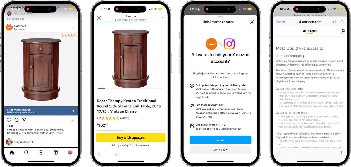 sugiharg's tweet photo. アマゾンとメタが提携。FacebookやInstagramのアカウントをAmazonにリンクさせる新機能を発表

・アマゾンの広報担当者は以下のように述べている。「初めて、顧客はソーシャルメディアアプリを離れることなく、アマゾンのフェイスブックとインスタグラムの広告で買い物をし、アマゾンでチェックアウトすることができるようになります。米国の顧客は、新しい体験の一環として、FacebookとInstagramの選択したAmazonの商品広告でリアルタイムの価格、プライム資格、配送見積もり、商品詳細を見ることができます。」

・アマゾンと提携することで、メタはFacebookやInstagramのアプリ上でカスタムストア・フロントを作成することなく、ショップが商品を販売することを容易にすることができる

・メタは火曜日、"Purchase with Amazon without leaving Facebook or Instagram "と題されたサポートページで、この新機能の詳細を説明している（日本からは見れない）

・収益分配がどのように機能するのか、広告を掲載する場所を販売者がどのように選択するのかなどは不明
-------
【コメント・注目すべき点】 
・かなり大きな提携。驚いたのはアマゾンのショップに飛ばすだけではなく、アカウント連携も行う点

・アマゾンはピンタレストとも組むなど、外部プラットフォームとの連携に注力中

・レベニューシェアは不明だが、Facebook、Instagramに��ってはEC化戦略の一環。ただ、自社チェックアウトも再度強化する方向なので、どうバランスさせるか。アマゾンとの連携はそれまでのつなぎなのか、複数選択肢のうちの一つなのか、要注目