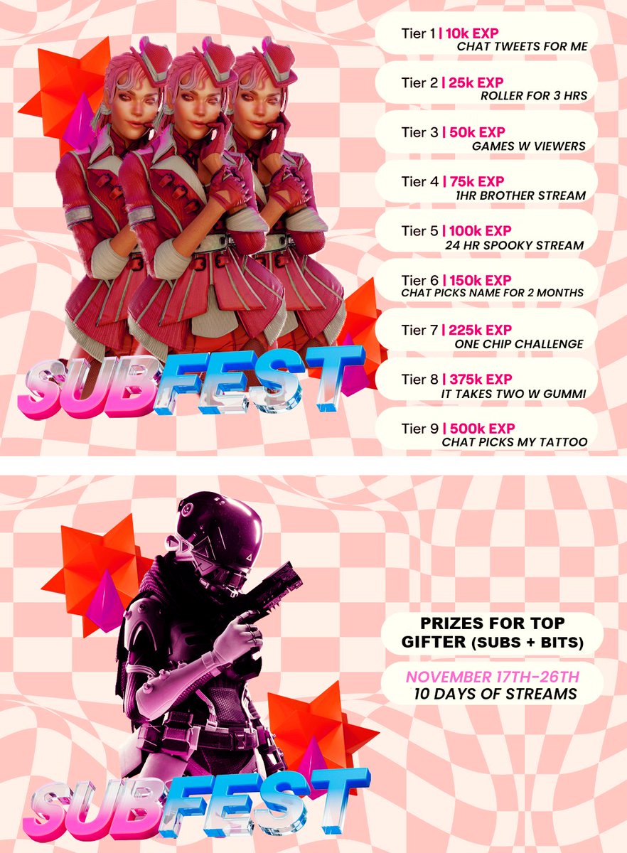 I am very excited to announce my first SUBfest! Thank you <a href="/Twitch_ANZ/">Twitch ANZ</a> 🙏 from 17th-26th November all subs (gifted, new and resubs) &amp; bits go towards exp of my channel! I am so excited to kick this off next week! 

A huge Thank YOU to @xbambees to making this graphic for me ❣️