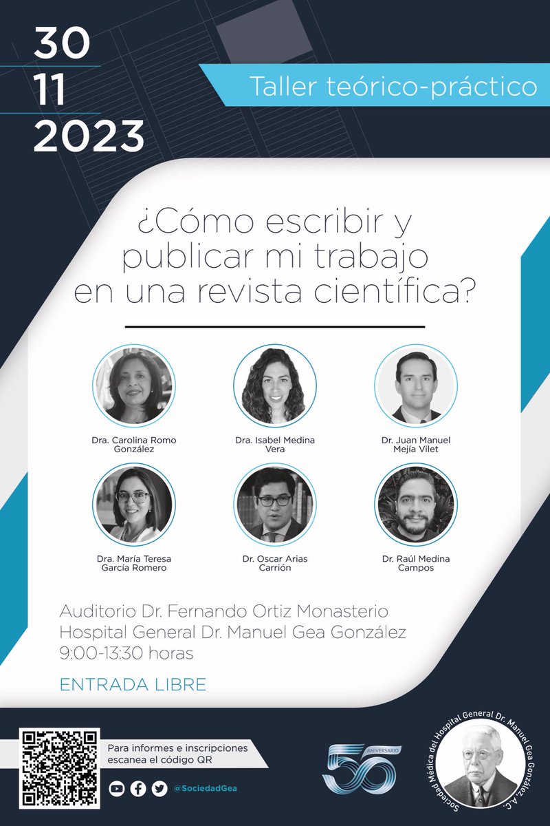 OACerebro's tweet image. La Sociedad Médica del Hospital General Dr. Manuel Gea González A.C tiene el honor de invitarla(o) al Taller Teórico- Práctico

¿Cómo escribir y publicar mi trabajo
en una revista científica?

Curso Presencial 

Registro: forms.gle/GUeEgp6yrHysLM…
