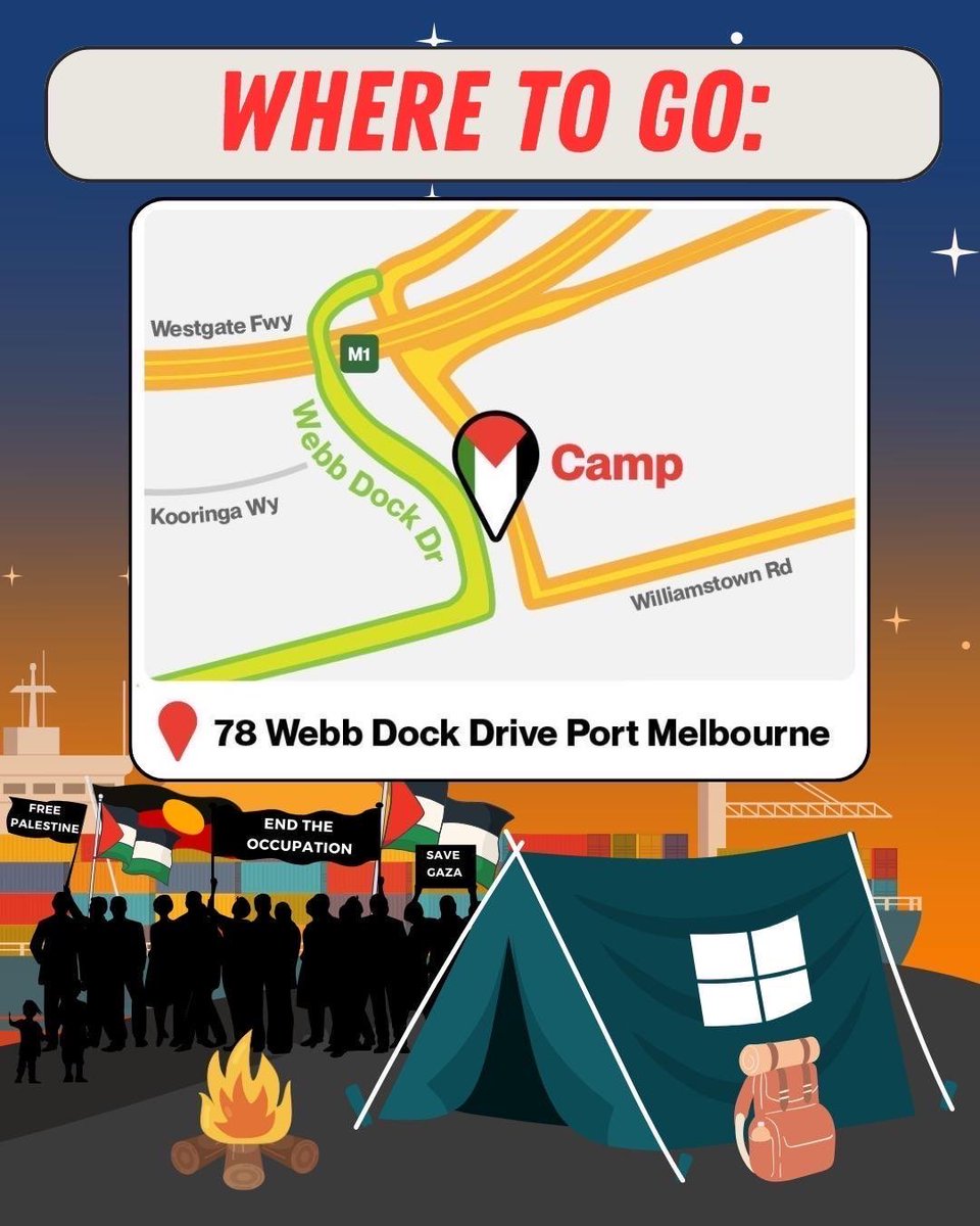 A permanent camp has been set up at the docks where Israeli transport company ZIM shipping lines is due to dock in the coming days.

This was key global strategy during the South African anti-apartheid struggle.

78 Webb Dock Dr, Port Melbourne, Naarm

#BLOCKTHEDOCK