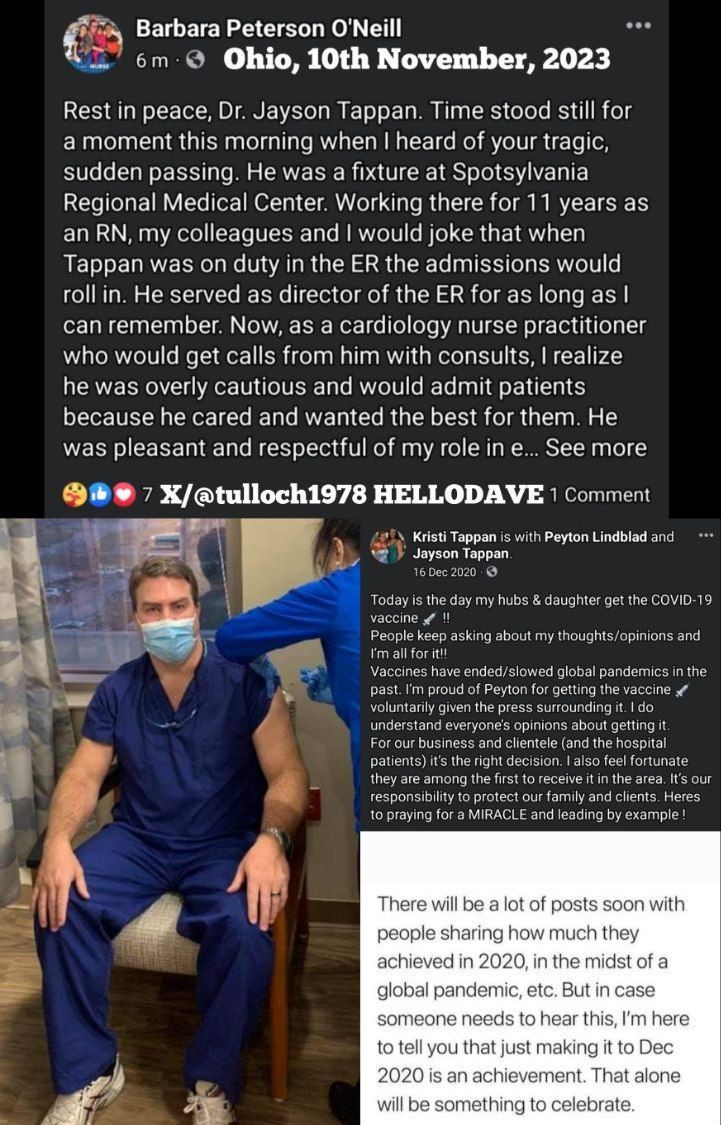 Ohio, Dr. Jayson Tappan.
#diedsuddenly (Nov 2023)

“Rest in peace, Dr. Jayson Tappan. Time stood still for a moment this morning when I heard of your tragic, sudden passing. He was a fixture at Spotsylvania Regional Medical Center. Working there for 11 years as an RN.”

#Pfizer