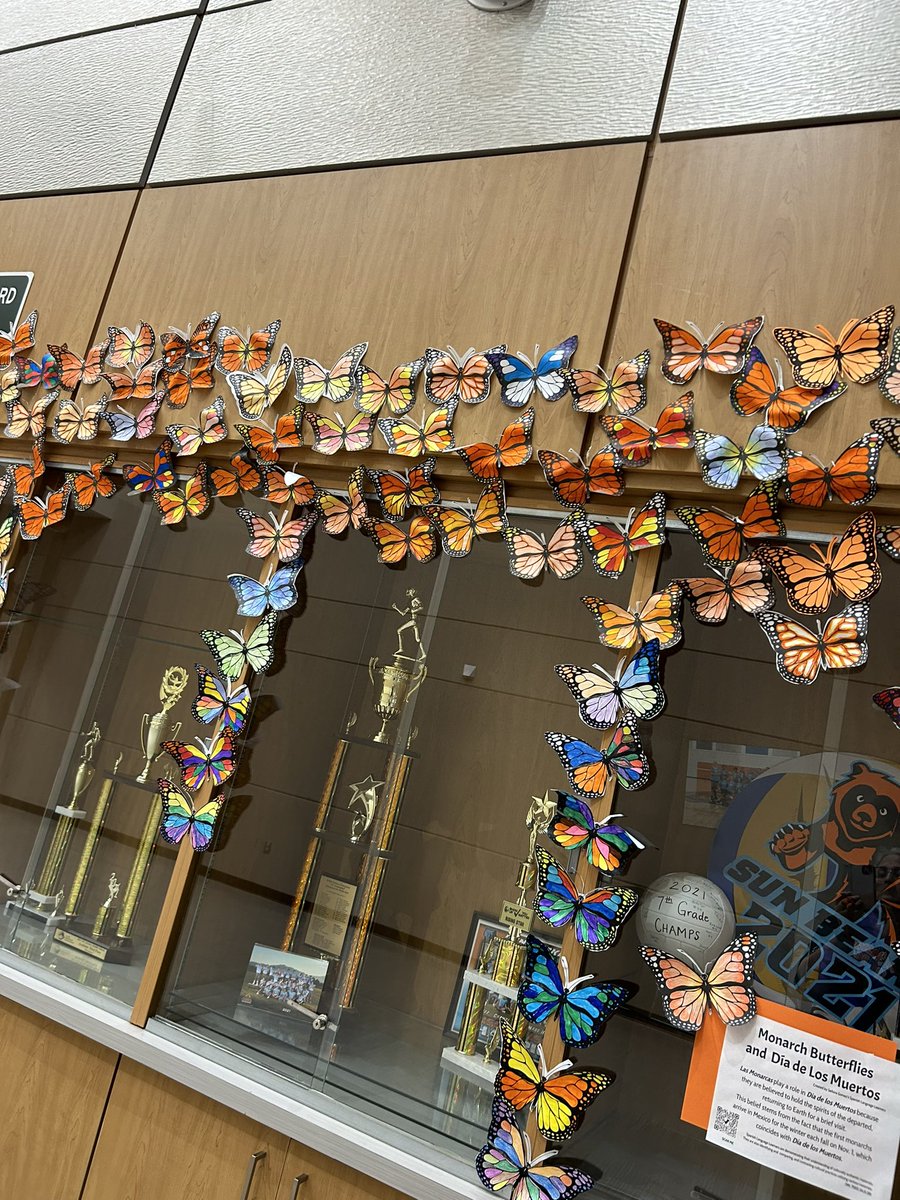 HaskinsPK8's tweet photo. Dia de Los Muertos and the Monarch Butterfly. A beautiful tradition shared by Maestra Robbie Gomez.  She generously involved the rest of the campus. #sunbearsrock #haskinspride https://t.co/9wS95d98ag