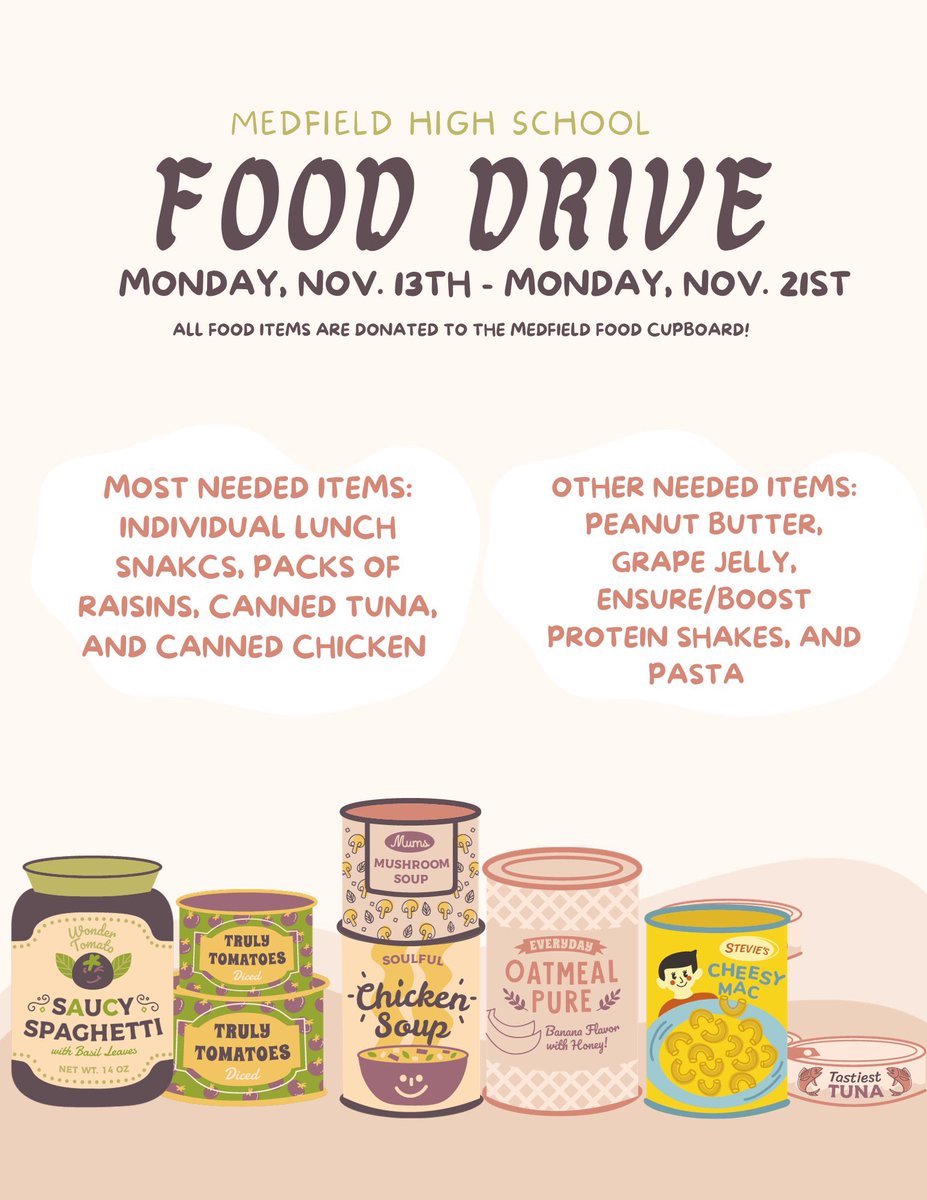 Food drive starts THIS MONDAY!!!! We are just 4 days away from one of the best StuCo events of the year. Don’t forget to bring in your cans and food to get points for your A period!!! Winning class gets a prize. Let’s break some records MHS 🥫‼️