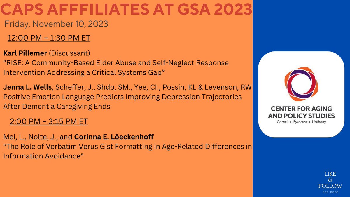 Day 3 of #GSA2023 is well underway and we have more affiliate sessions lined up this afternoon! <a href="/KarlPillemer/">Karl Pillemer</a> <a href="/JennaLWells/">Jenna Wells</a> and <a href="/Loeckenhoff/">Corinna Loeckenhoff - inactive</a> will be participating in sessions you won't want to miss!

<a href="/geronsociety/">Gerontological Society of America (GSA)</a>