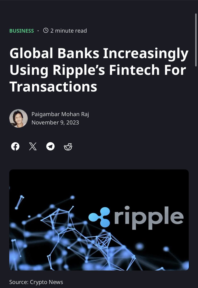 Top banks using XRP:
——————————

•HSBC (indirect)

•Volante 

•Standard Chartered 

•Bank Of America 

•PNC Bank 

•Santander Bank

•Thailands Siam Commercial Bank

•Mexicos Cuallix 

With an ancient payment system (SWIFT) and a looming liquidity crisis, it only makes