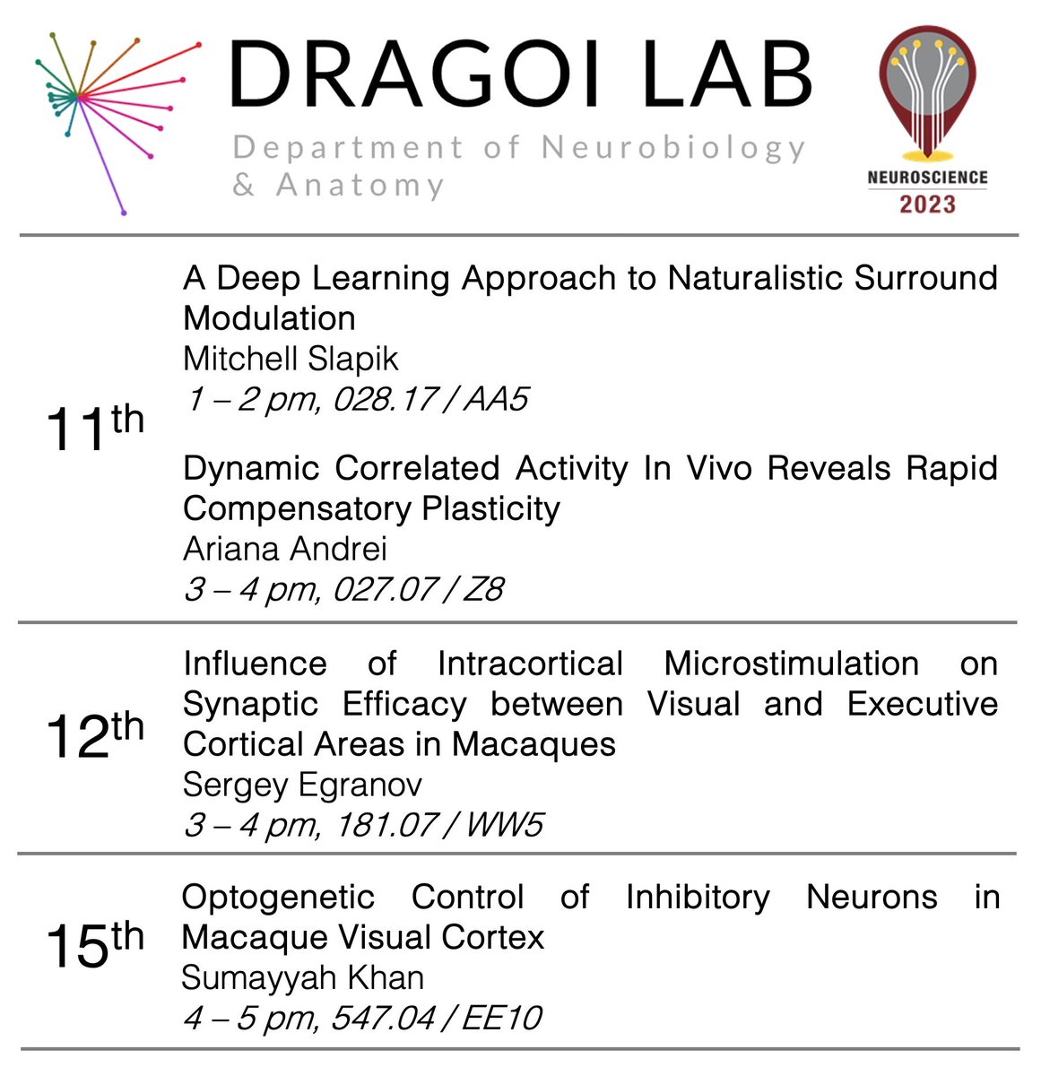 Dragoi Lab (@dragoilab) on Twitter photo Come visit our lineup of posters this year at #SfN2023 in Washington DC! Come visit our lineup of posters this year at #SfN2023 in Washington DC!