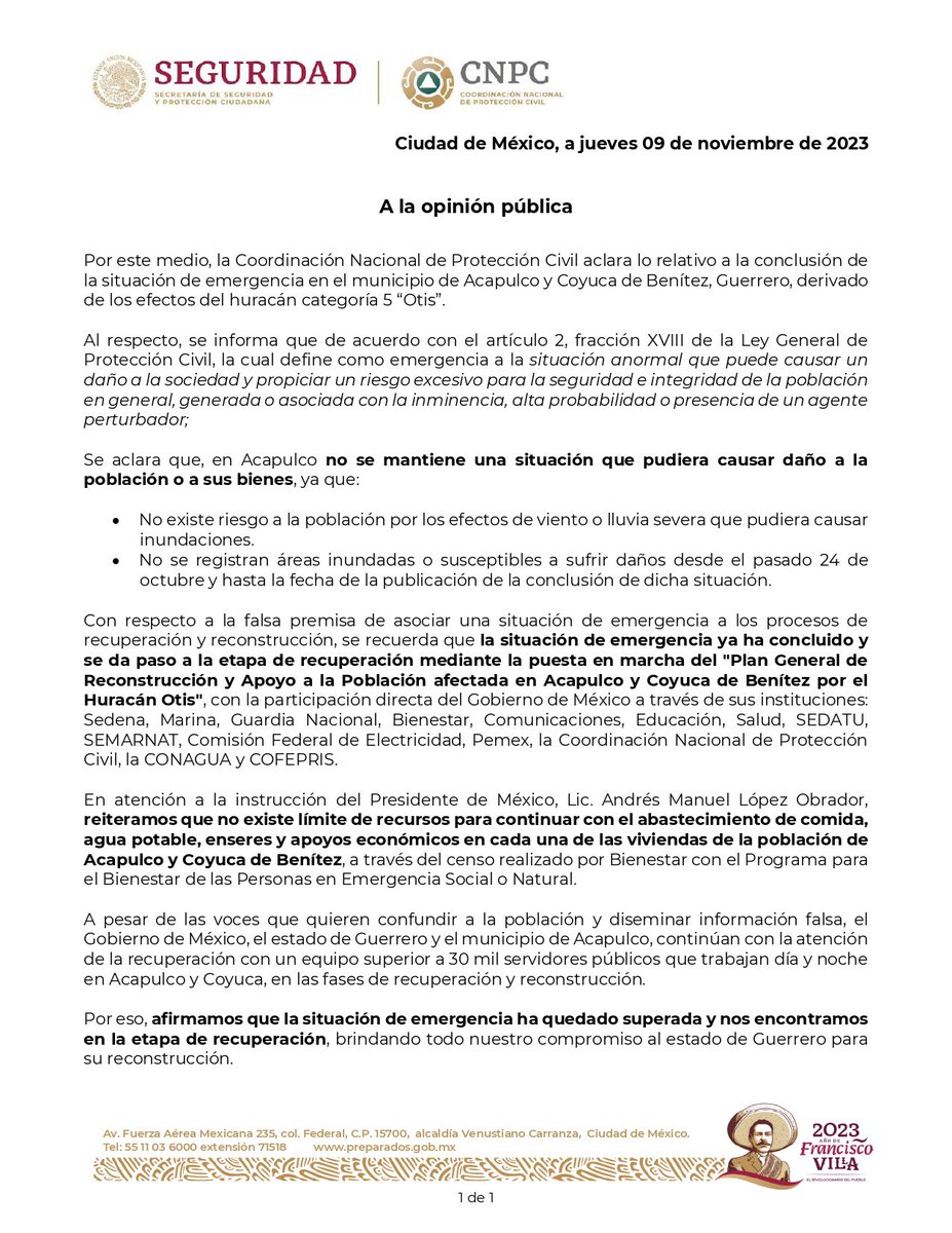 CNPC_MX's tweet photo. ⚠️#InformaciónImportante

La @CNPC_MX aclara lo relativo a la conclusión de la situación de emergencia en el municipio de Acapulco y Coyuca de Benítez, Guerrero, derivado de los efectos del huracán “Otis”.

🔺Afirmamos que la situación de emergencia ha quedado superada y nos encontramos en la etapa de recuperación.

@laualzua