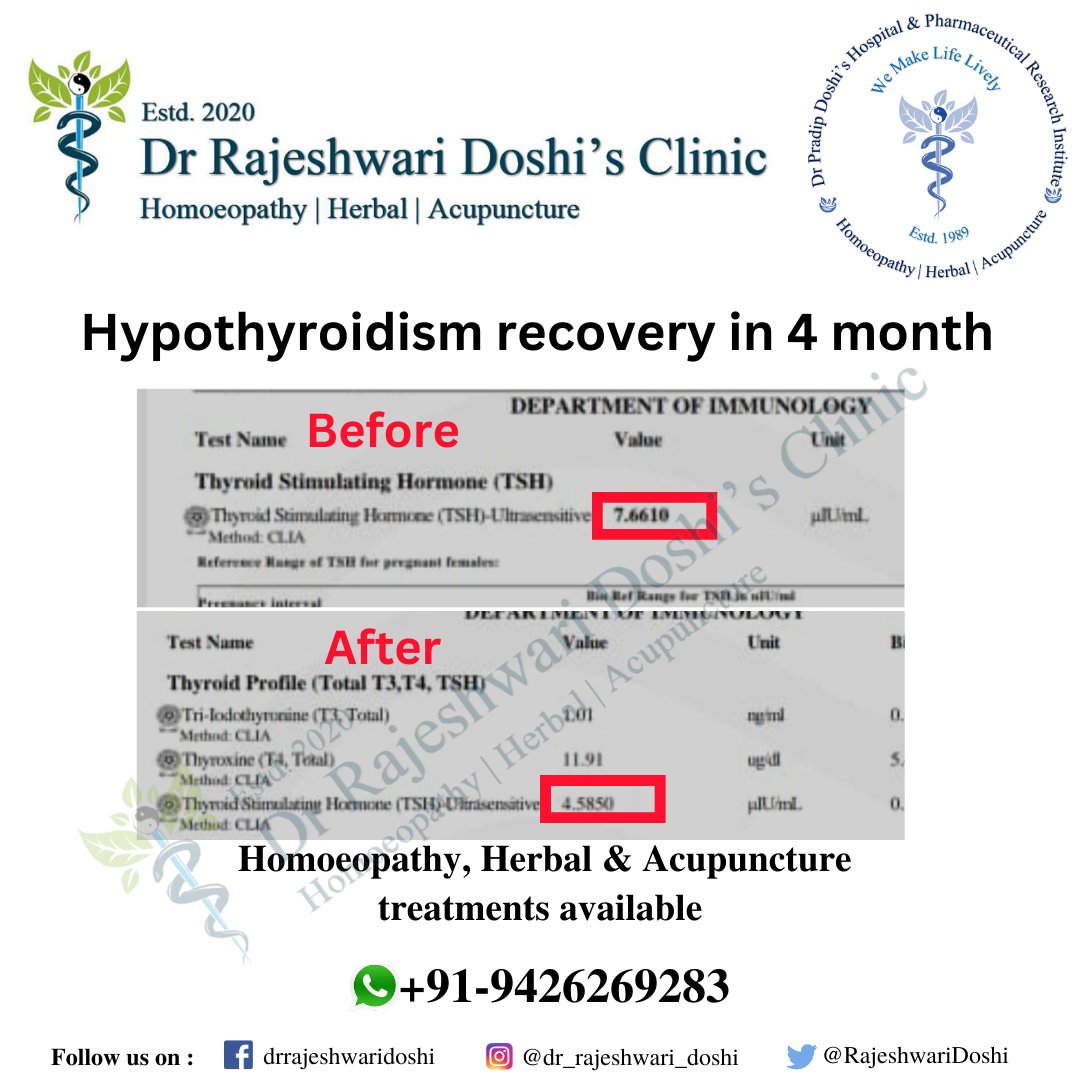 Hypothyroidism complete recovery in 4 months.

#homoeopathy #homeopathy #Homoeopathy #homoeopathicmedicine #herbalremedies #herbalmedicine #herbal #herbaltreatment #homoeopathytreatment #acupuncturist #acupuncture #alternativetreatment #alternativemedicine #alternative #medicine