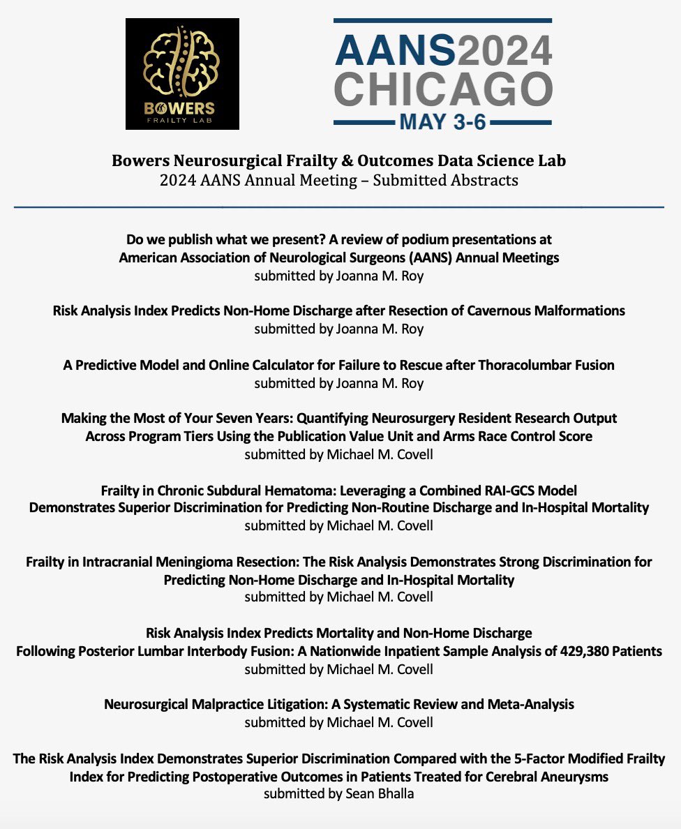 Proud of @MichaelCovell_ @Joannaroy99 @BhallaShubhang for taking leadership of the @BowersNsgyLab & for all of the successful submitted @AANSNeuro abstracts. Cannot wait to see everyone in the Windy City! #frailtyfighters