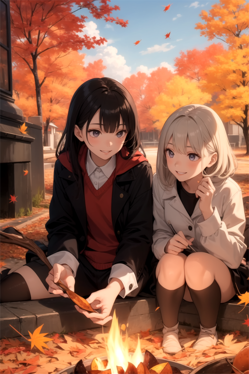 chrokiAIwork's tweet photo. アワートAI様への投稿です。
落ち葉を集めて芋を焼く女の子たちのイラストです。AIくんは知ってる焼き芋出してくれないので、焼き芋をしている雰囲気の絵に持っていった感じです。

タイトル：『落ち葉焼き』
2023年11/10のデイリーお題「焼き芋」
#アワートAI #AIイラスト #SeasideMix https://t.co/4zHwOmF54A