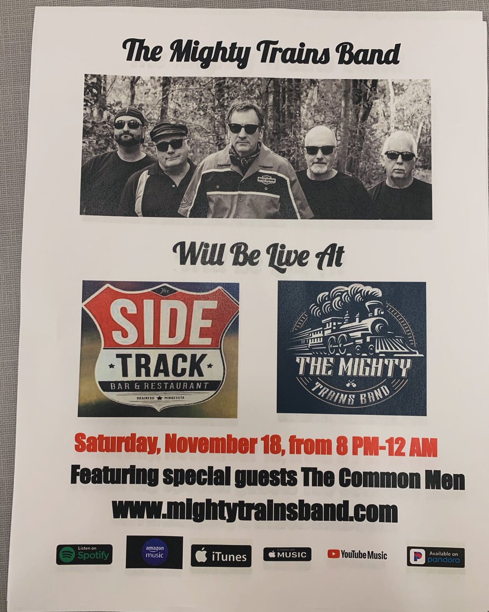 BrainerdMen's tweet photo. Come get “Sidetracked” NEXT Saturday. We’re opening for The Mighty Trains Band starting at 8pm. Bring some friends for a fun night. #livemusic 🎤🎸🎹🥁 https://t.co/K0pbJ9BQG1