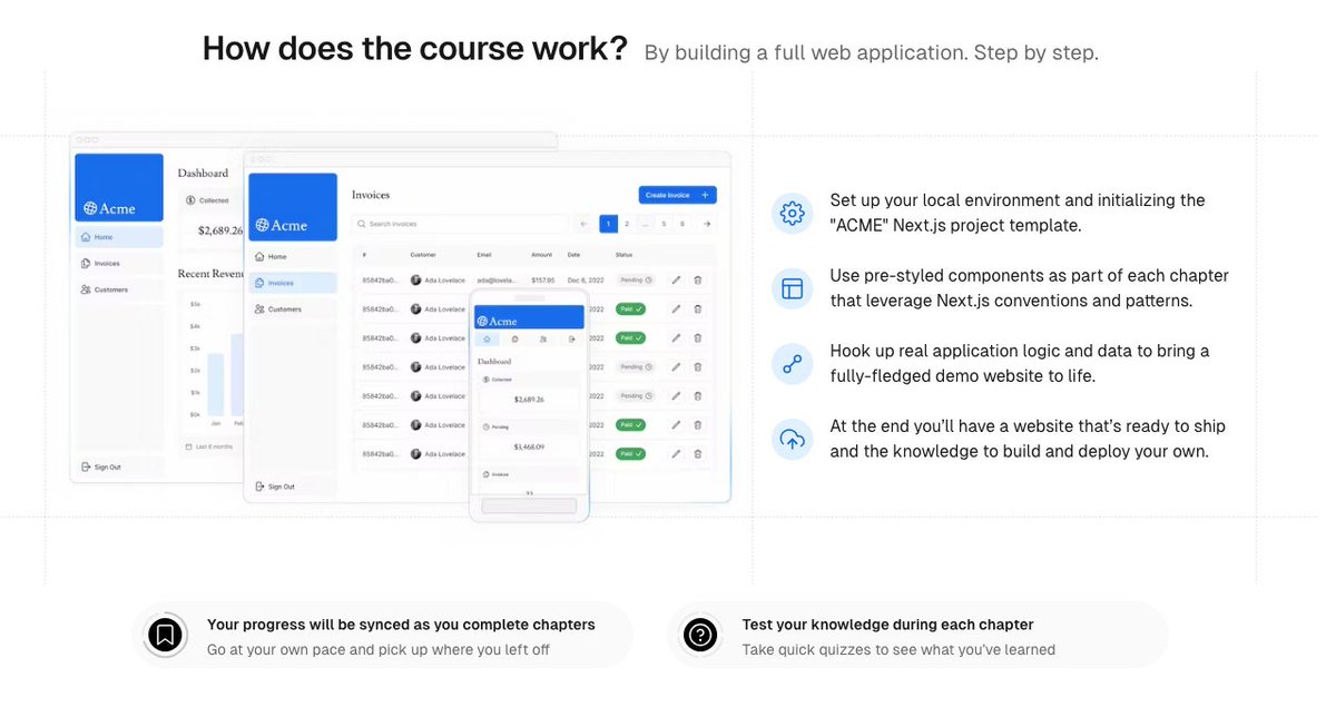 Next.jsのチュートリアル、教材級のクオリティですごい

Next.js自体の機能は当然詳しく学べるし、データのフェッチ、検索、認証等の機能も作れてこれはもはやWebフロントエンドの教材に近いかも...

ちょっと内容が充実しすぎててガチの初心者だと手強いかもしれないが、脱初心者の人はいいかも