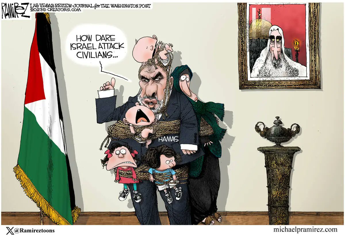 DebbieSchlussel's tweet photo. The Washington Post apologized for publishing this great cartoon by Michael Ramirez. You can't handle the truth! #HAMAS #Israel #Gaza #Jews #Jihad #Islam #NeverAgainIsNow #HamasisISIS #HAMASISIS #MichaelRamirez #WashingtonPost https://t.co/CJcfBiygJB