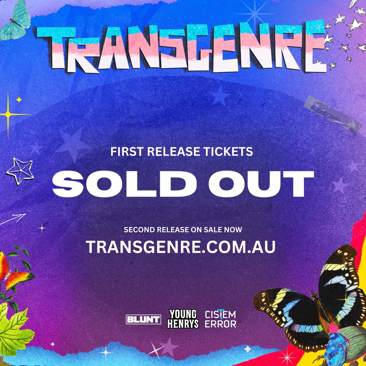 🎟️ TICKET UPDATE: Our first release is officially SOLD THE HECK OUT!! 🔥

We’re blown away by all the excitement and positivity we’ve seen since we announced TRANSGENRE a few weeks ago! Second release tickets are on sale now – grab them now from the link in the next tweet ✨💖✨
