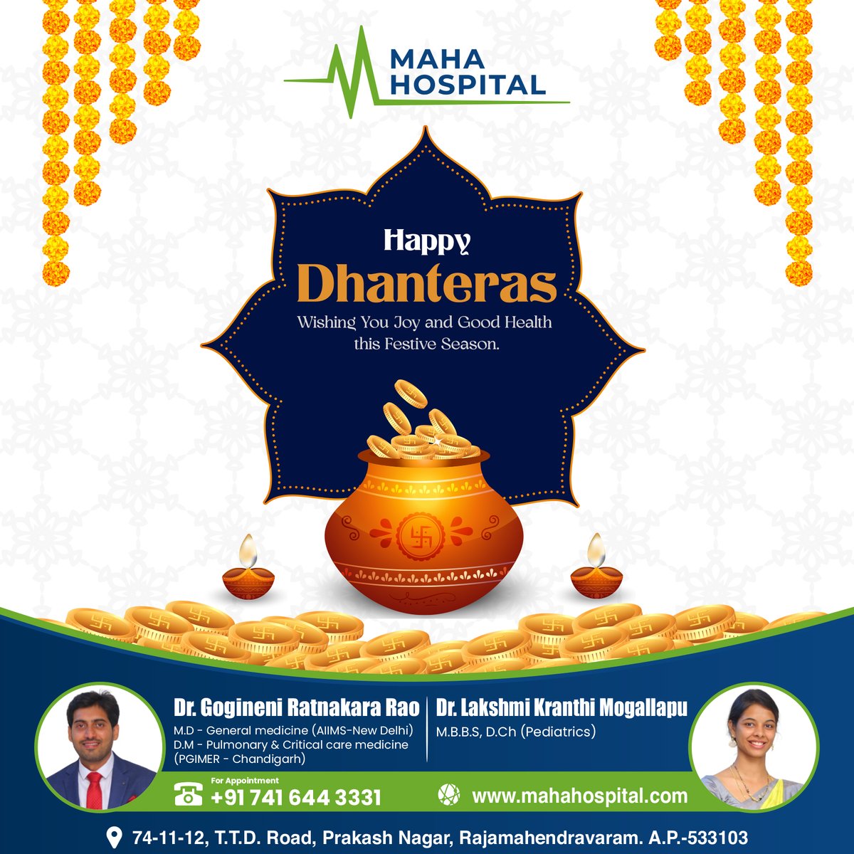 MahaHospital's tweet photo. Wishing you a Dhanteras filled with blessings of prosperity, radiant health, and the warmth of love. May your life glow as brilliantly as the festive lamps! 🪔✨💖 

Contact us today!
💻: https://t.co/JgCvx1gGeI
.
#Mahahospital  #Dhanteras #WellBeing #FestiveVibes https://t.co/mosvQMSf9J
