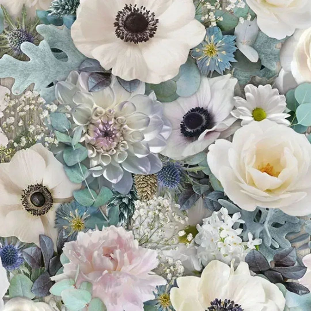 BACK IN STOCK! #Farmhouse #Blooms #Floral #Quilting #cotton #Sewing #crafting #Graytones #pastels #dahlias #poppies buff.ly/3Yw7opJ